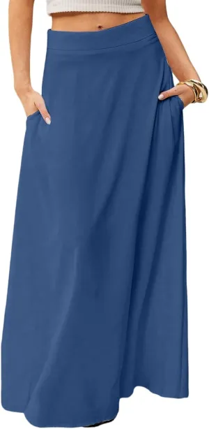 Women's Long Skirts Fall High Waisted Stretchy Solid Flowy Soft Beach Maxi Skirt, S-2XL