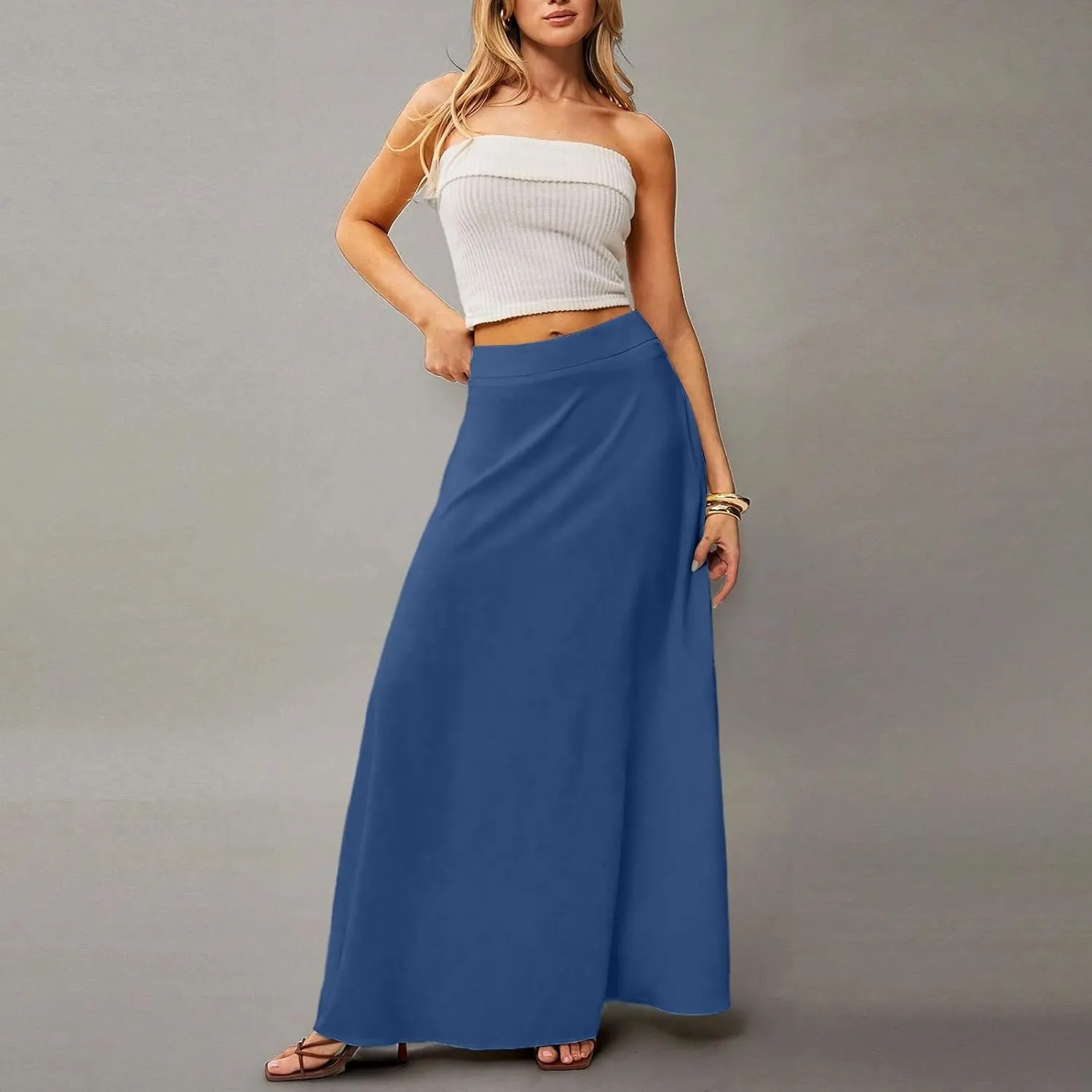 Women's Long Skirts Fall High Waisted Stretchy Solid Flowy Soft Beach Maxi Skirt, S-2XL