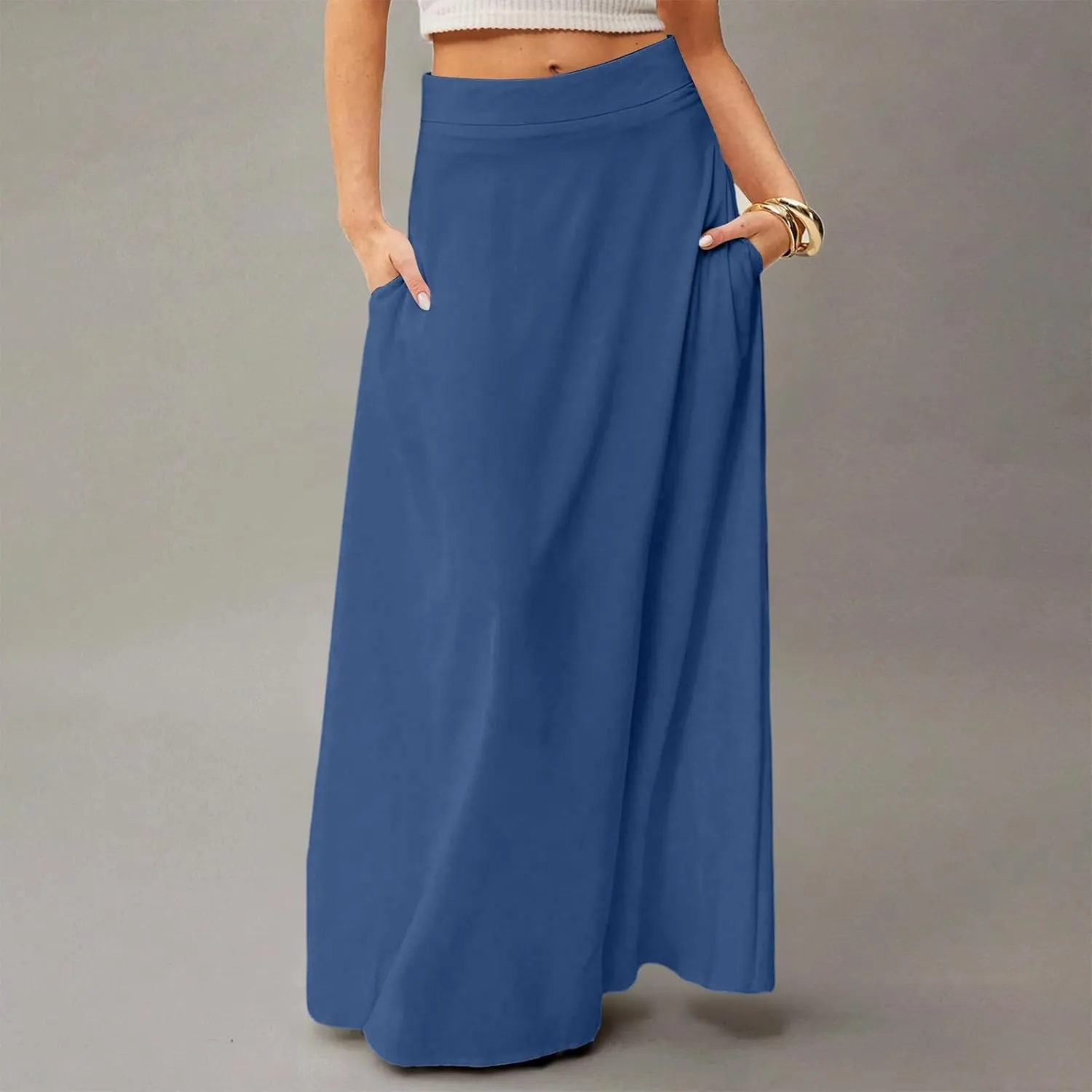 Women's Long Skirts Fall High Waisted Stretchy Solid Flowy Soft Beach Maxi Skirt, S-2XL
