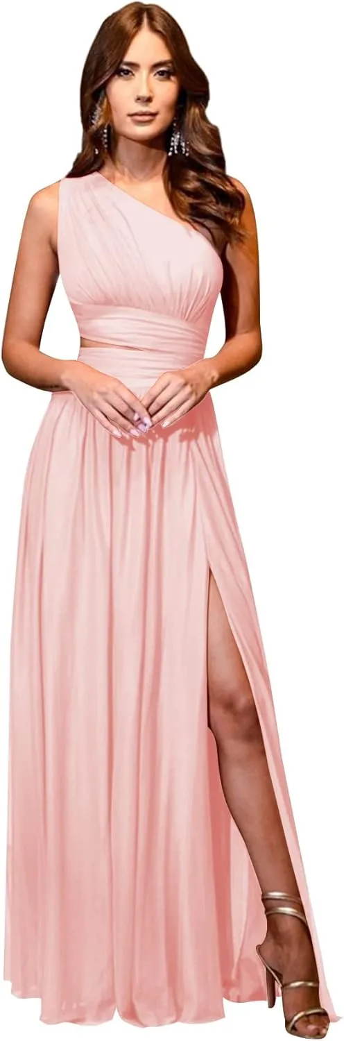 Women's One Shoulder Bridesmaid Dresses for Wedding Long Chiffon Split Formal Evening Dress with Pockets