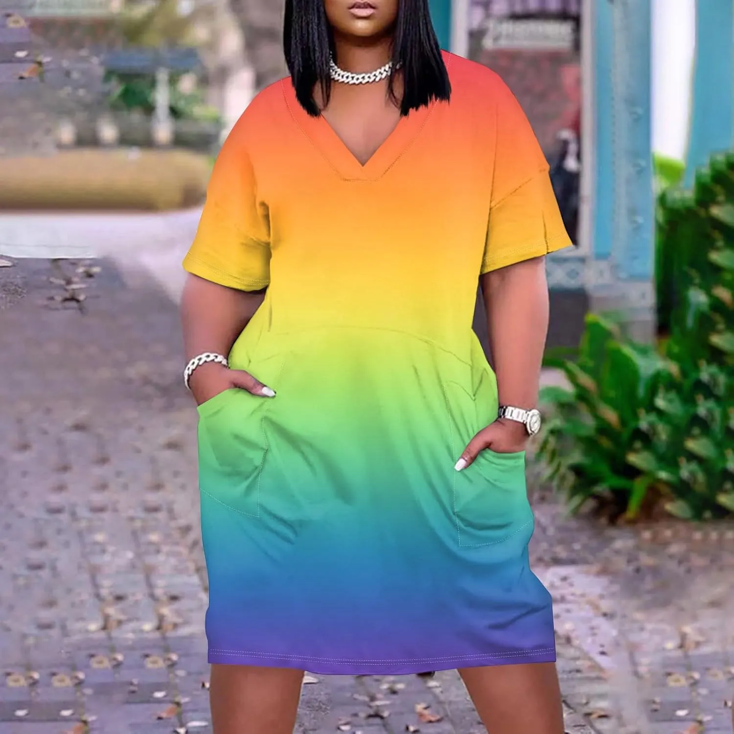 Womens Plus Size Summer Dresses V Neck Short Sleeve Knee Length Dress Oversized Tshirt Midi African Dresses w/Pockets