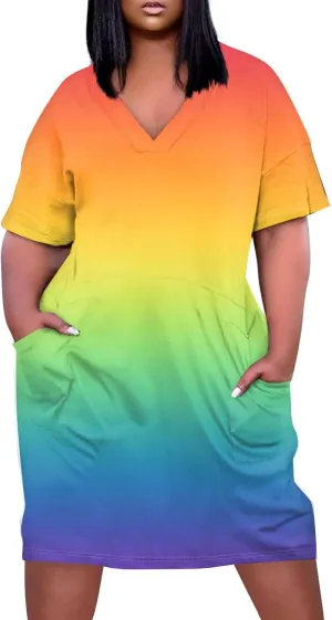 Womens Plus Size Summer Dresses V Neck Short Sleeve Knee Length Dress Oversized Tshirt Midi African Dresses w/Pockets