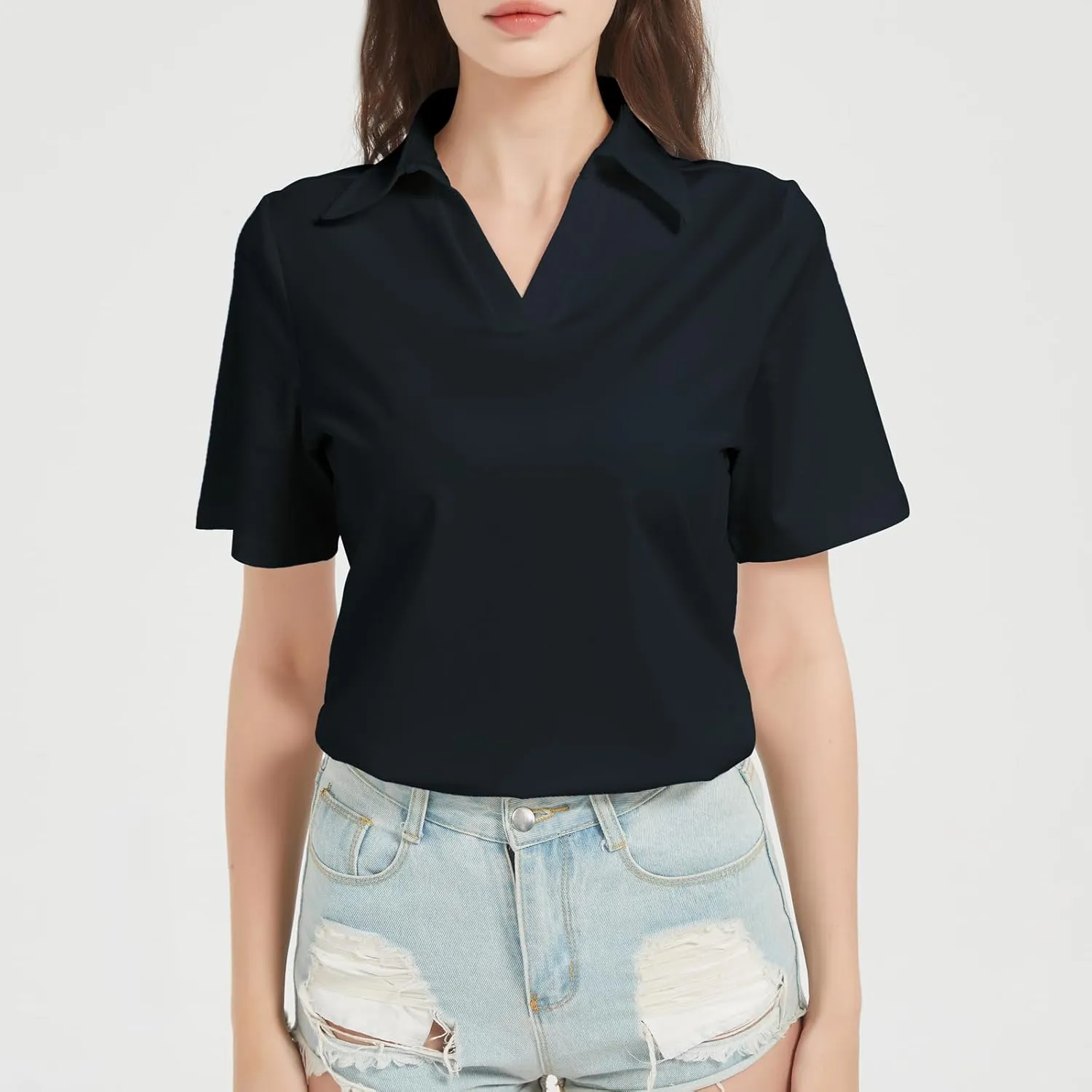 Women's Polo Shirts V Neck Short Sleeve Casual Slim Fit Summer Tee Blouses, Quick Dry Golf Shirt for Women