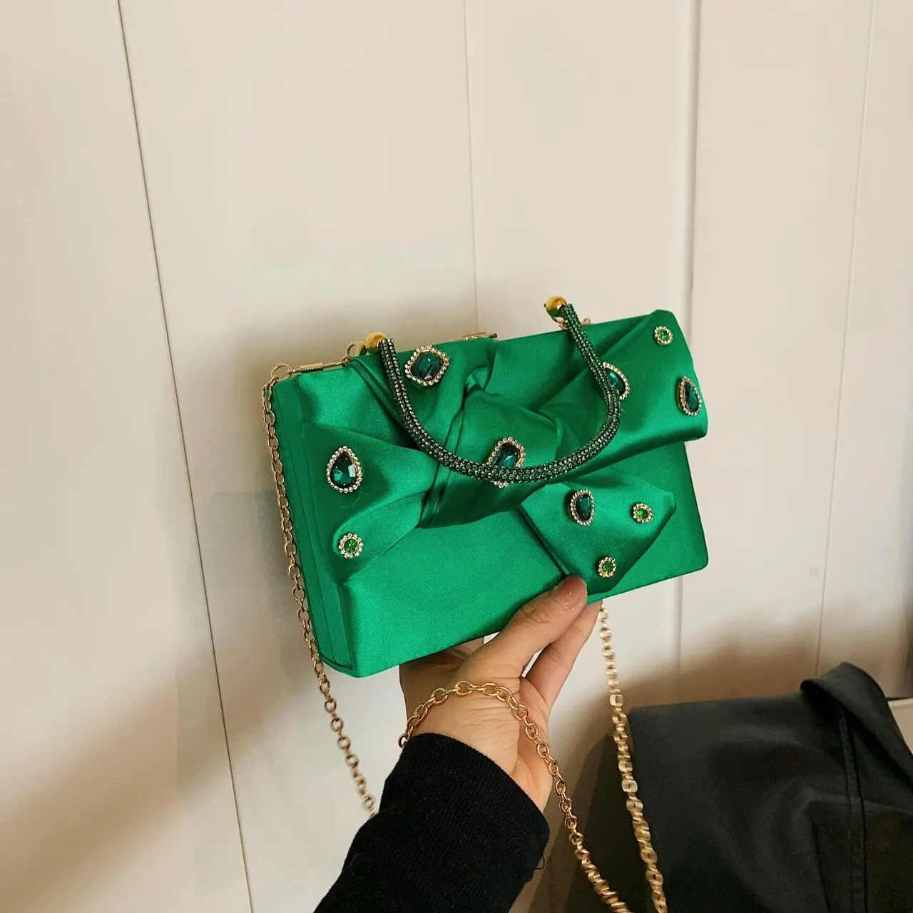 Womens Satin Evening Bag Bow Handbag Purse Party Clutches Wedding Chain Shoulder Cross Body Bag
