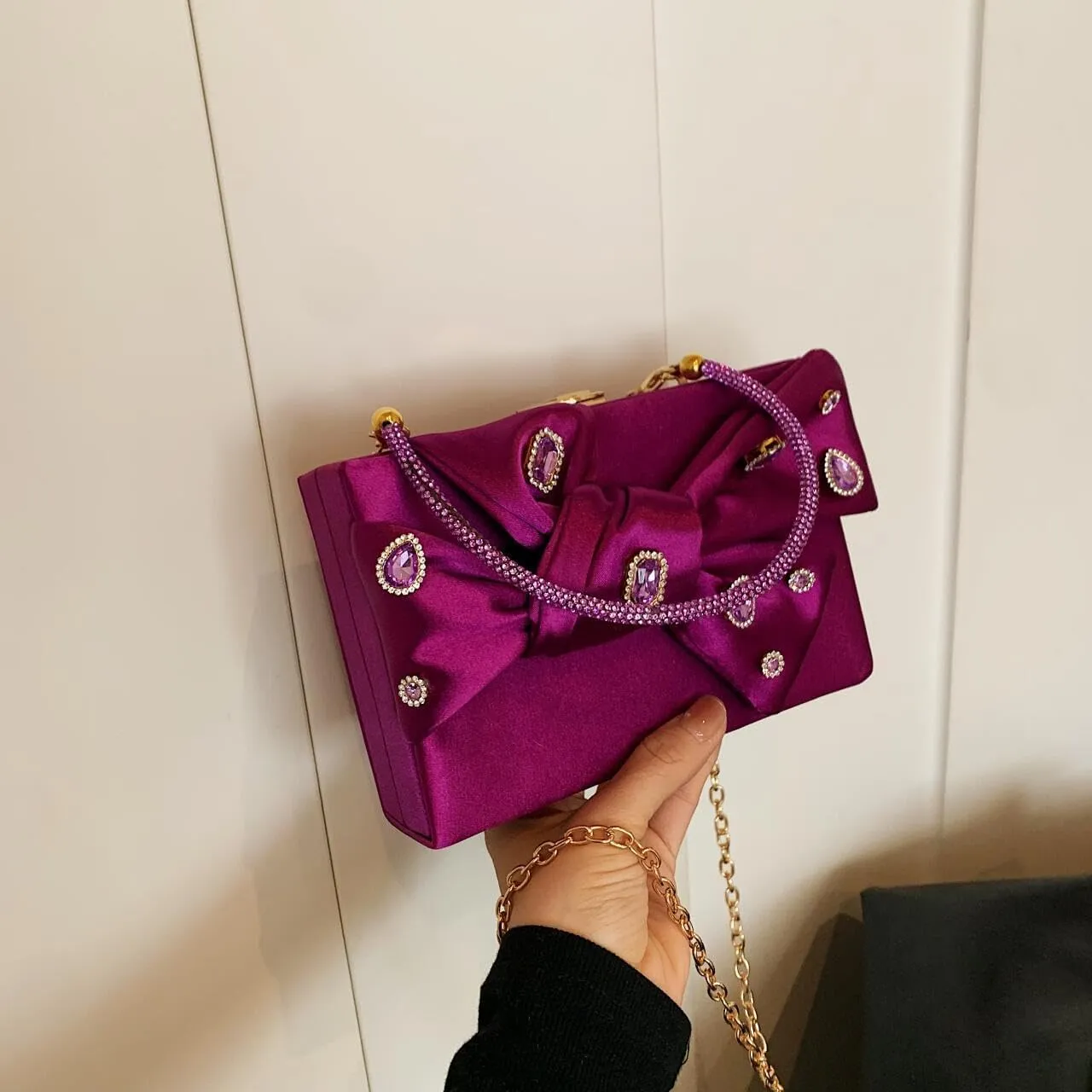 Womens Satin Evening Bag Bow Handbag Purse Party Clutches Wedding Chain Shoulder Cross Body Bag