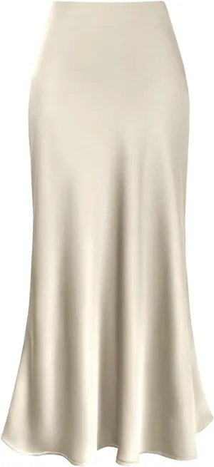 Women's Satin High Waisted Maxi Skirts Hidden Elasticized Waistband A Line Long Skirt Cocktail Party Wedding Skirts