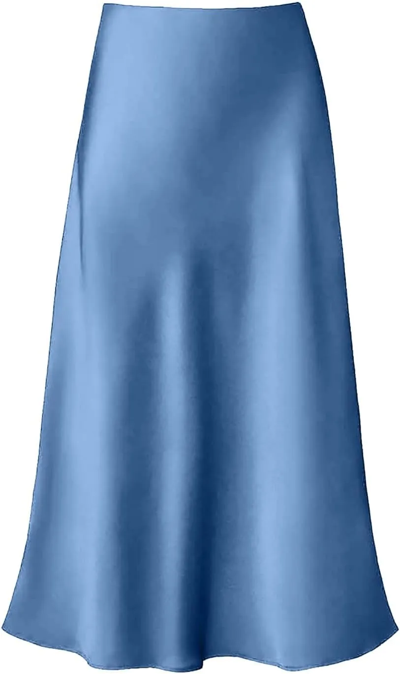 Women's Satin High Waisted Maxi Skirts Solid Color Summer Fall Elegant Elastic Waist Flared A-Line Long Satin Skirt