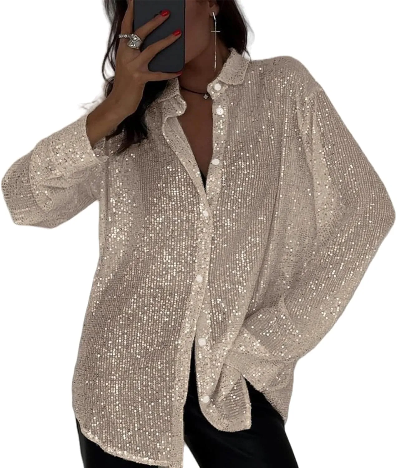 Womens Sequins Long Sleeve Collared Shirt Button Down Open Front Shirt Loose Blouses Shirts Tops