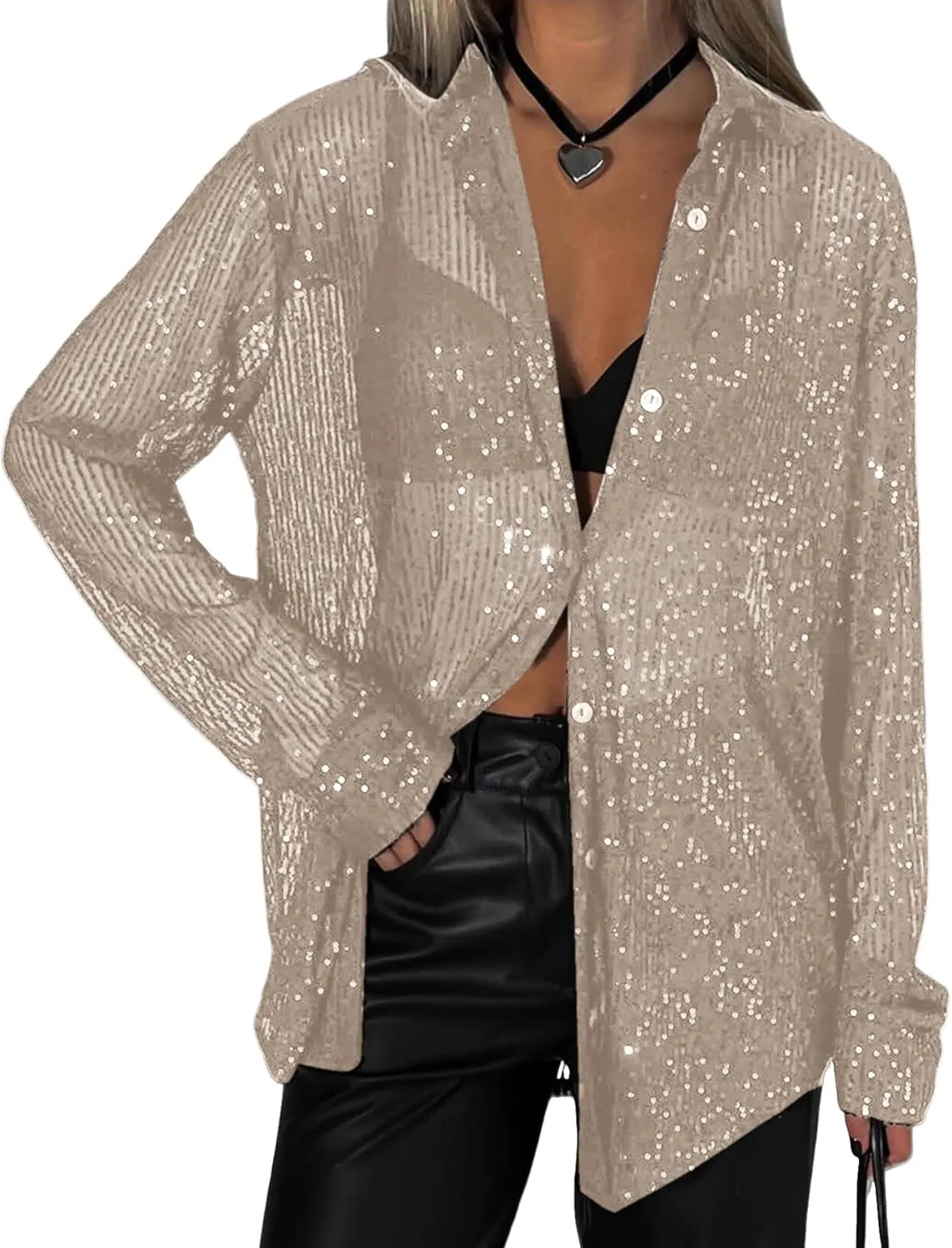 Womens Sequins Long Sleeve Collared Shirt Button Down Open Front Shirt Loose Blouses Shirts Tops