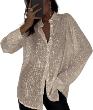 Womens Sequins Long Sleeve Collared Shirt Button Down Open Front Shirt Loose Blouses Shirts Tops