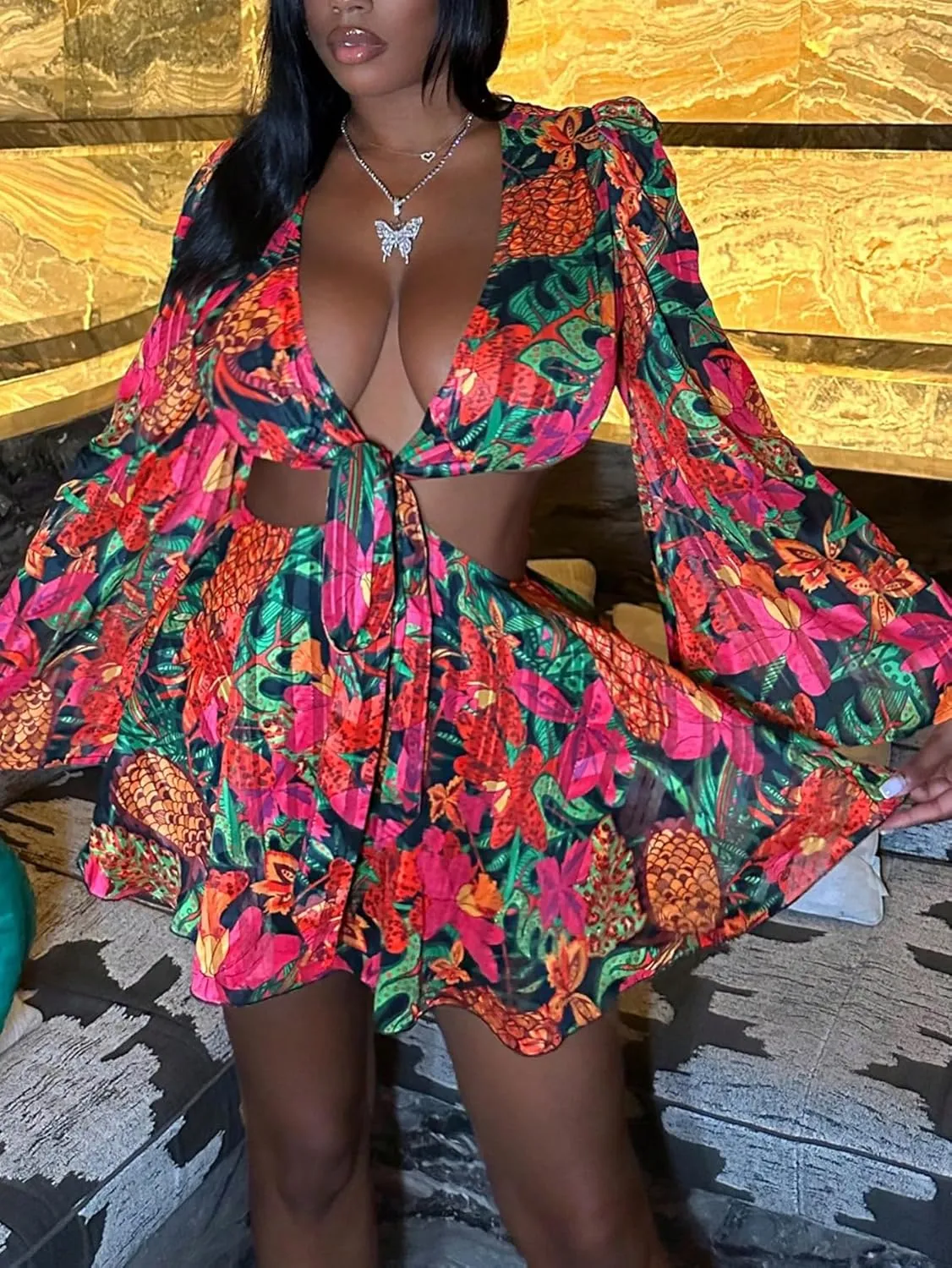 Women's Sexy Summer Tropical Mini Dress Y2K Deep V Cut Out Dresses Long Bell Sleeve Vacation Tie Front Sundress