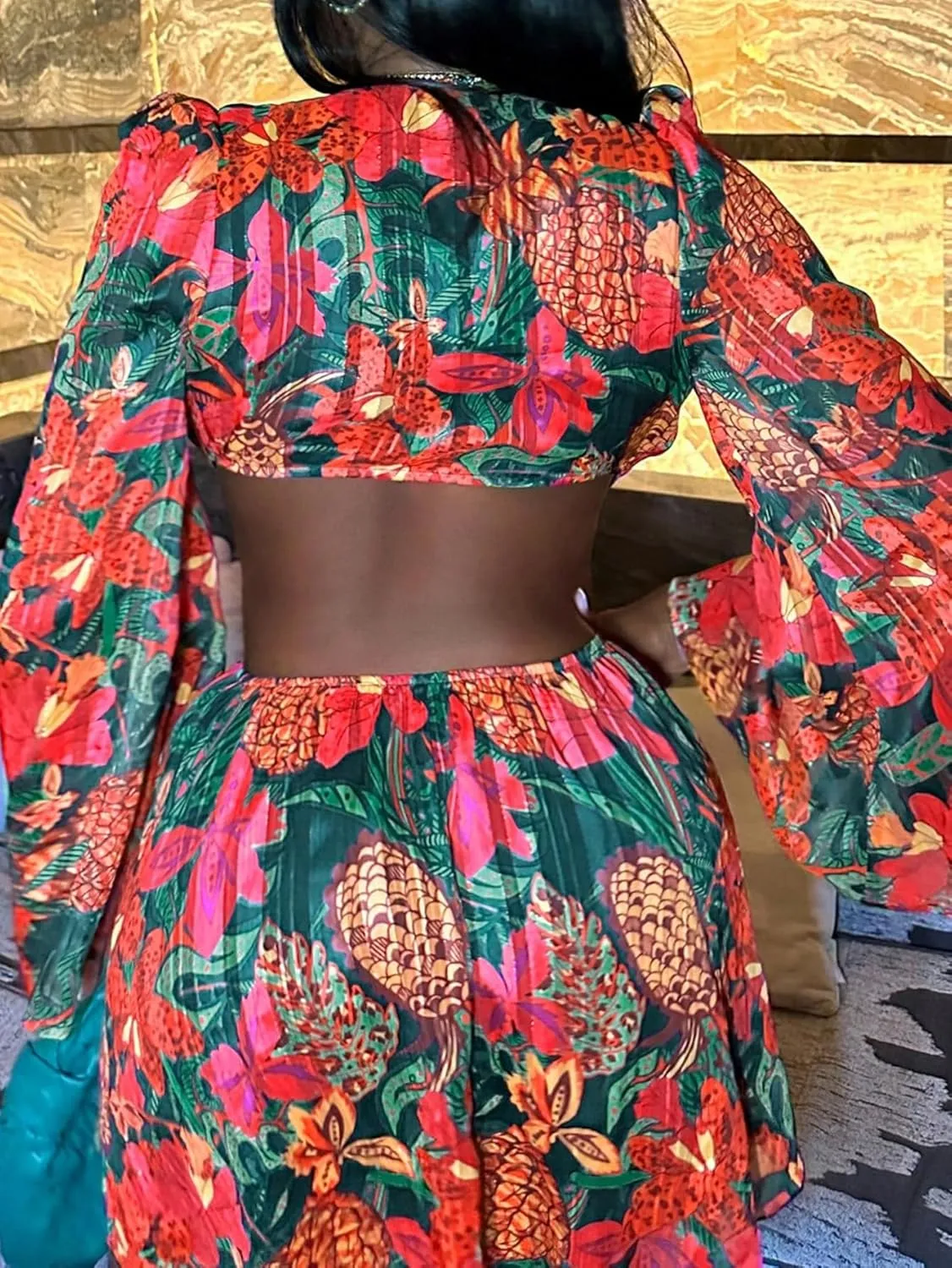Women's Sexy Summer Tropical Mini Dress Y2K Deep V Cut Out Dresses Long Bell Sleeve Vacation Tie Front Sundress