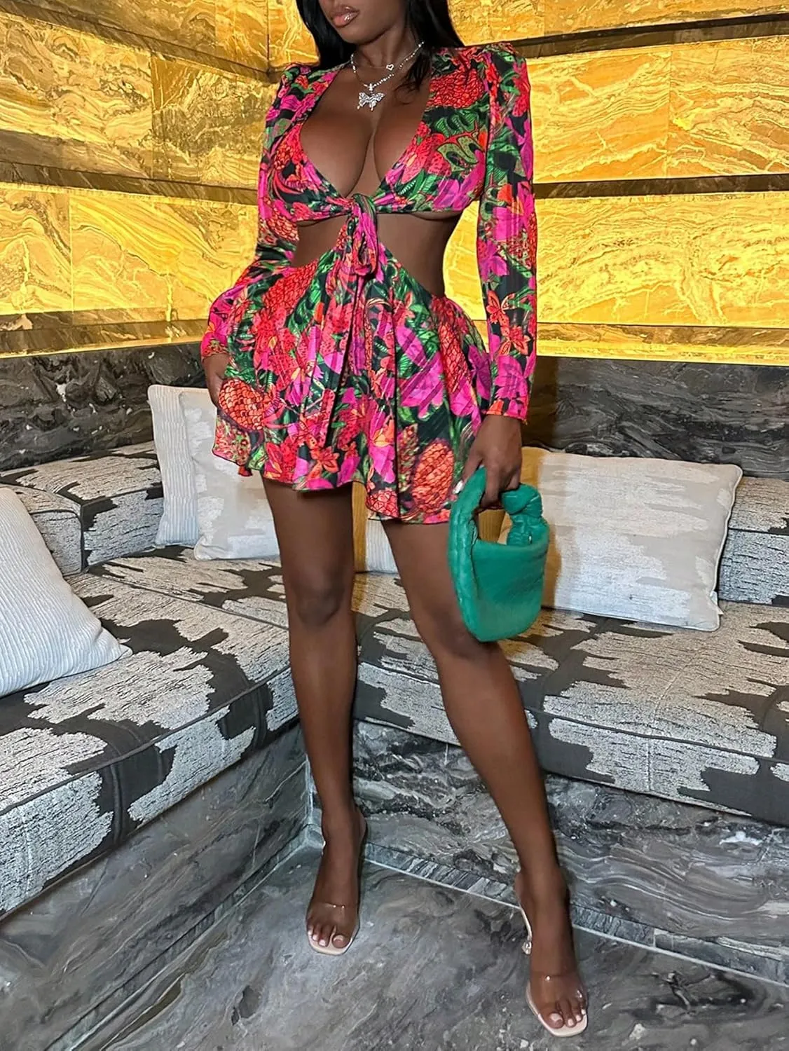 Women's Sexy Summer Tropical Mini Dress Y2K Deep V Cut Out Dresses Long Bell Sleeve Vacation Tie Front Sundress