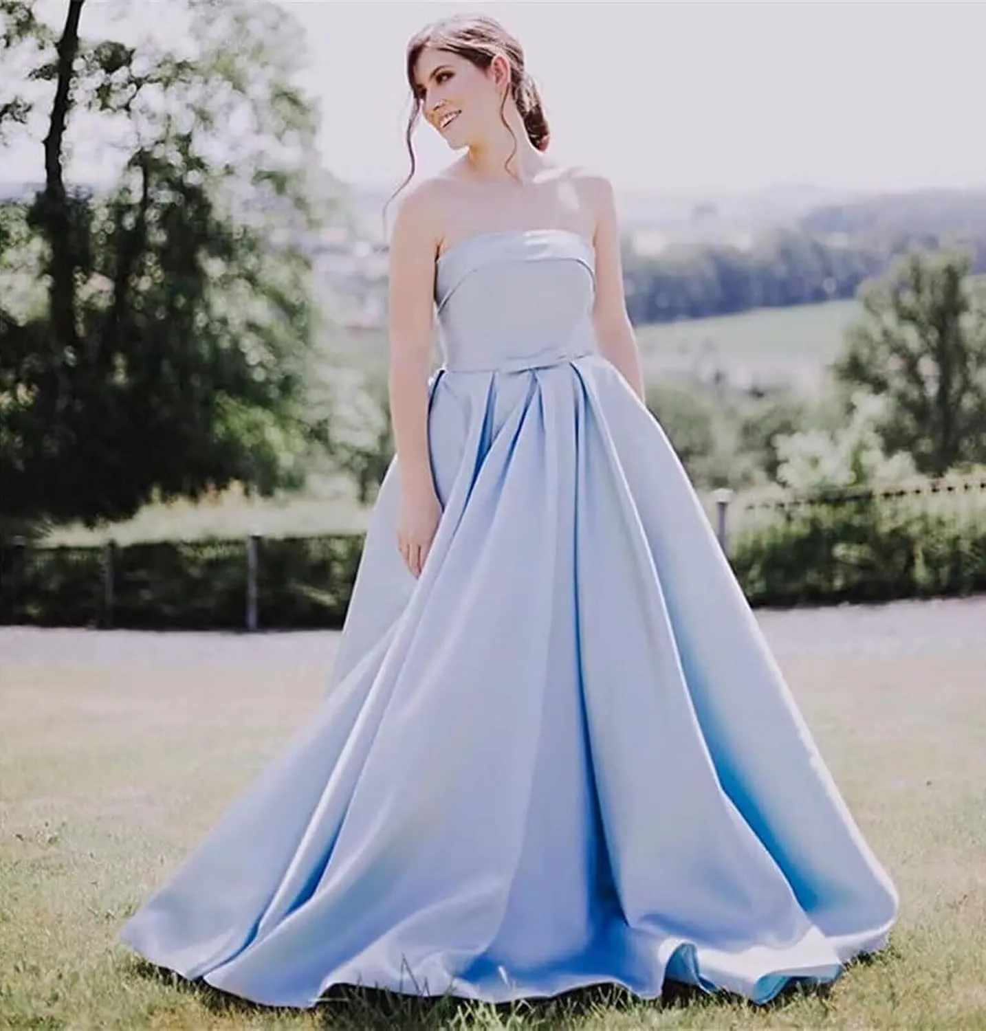 Women's Strapless Prom Dresses Long Ball Gown Satin A-Line Formal Evening Party Gowns