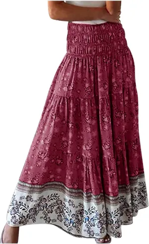Womens Summer Boho Long Skirts Midi Ankle Length High Waist Floral Print A Line Pleated Bohemian Hippie Skirt