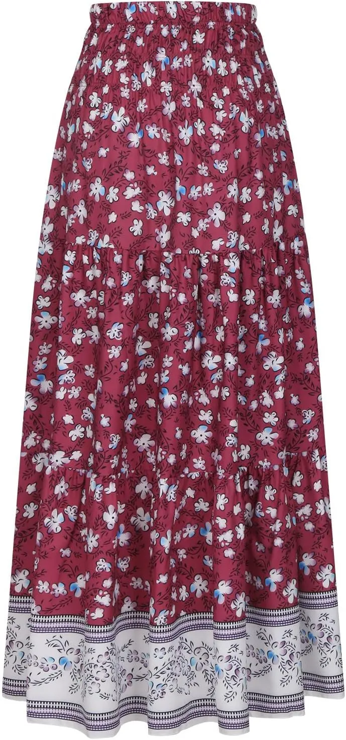 Womens Summer Boho Long Skirts Midi Ankle Length High Waist Floral Print A Line Pleated Bohemian Hippie Skirt