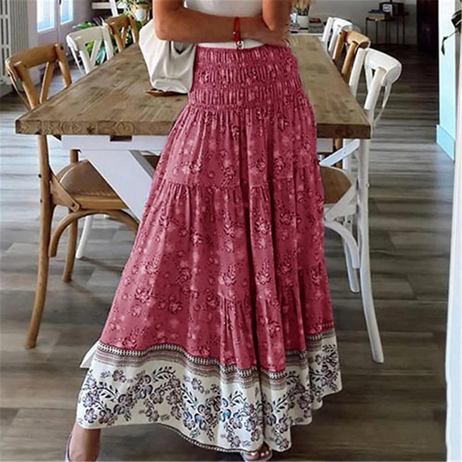 Womens Summer Boho Long Skirts Midi Ankle Length High Waist Floral Print A Line Pleated Bohemian Hippie Skirt