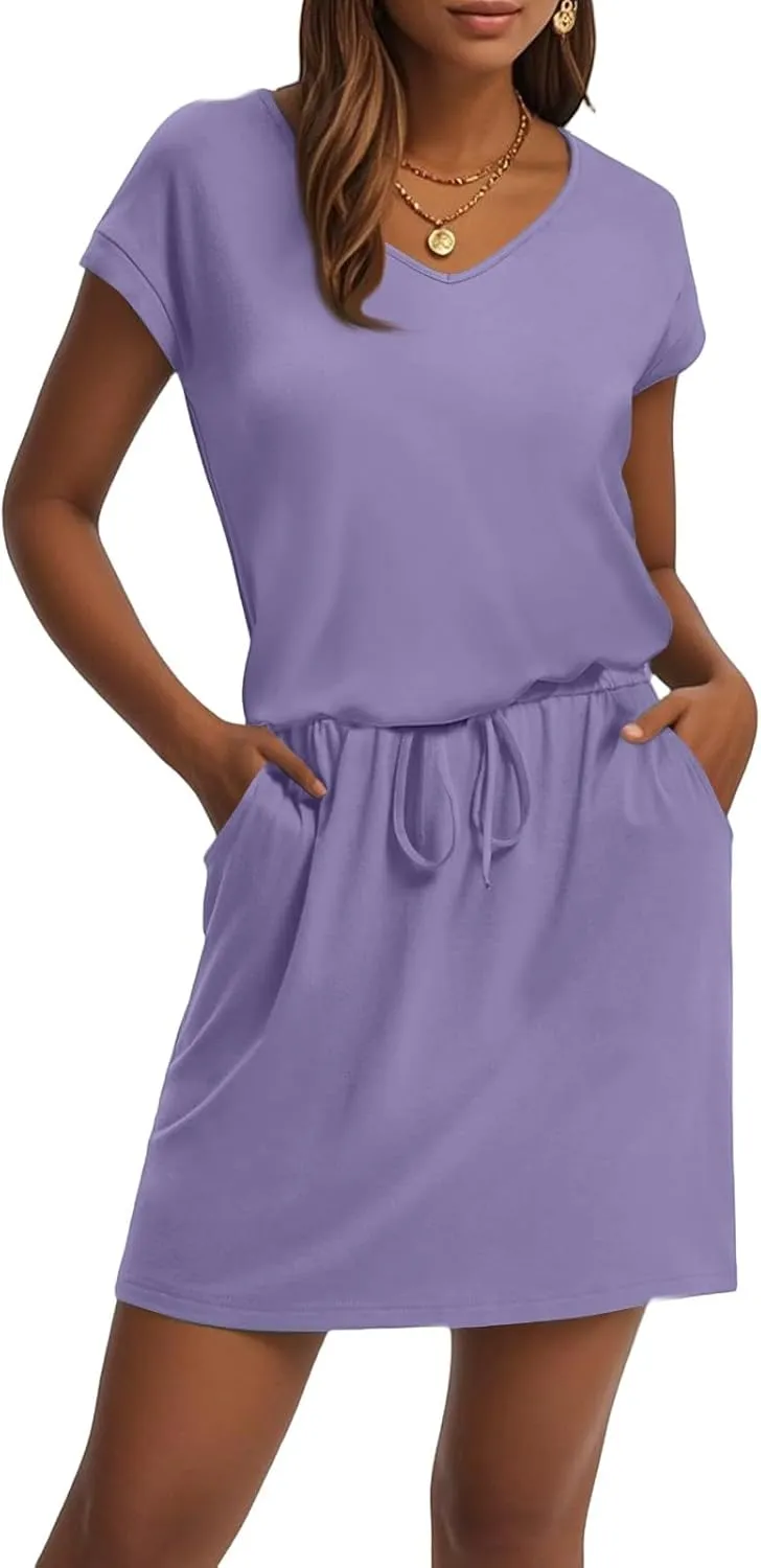 Womens Summer Dresses V Neck Short Sleeve Tshirt Dress Drawstring Cinched Waist Mini Dress A Line Casual Dresses 2025