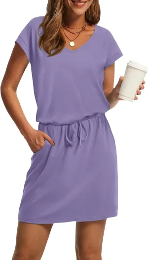 Womens Summer Dresses V Neck Short Sleeve Tshirt Dress Drawstring Cinched Waist Mini Dress A Line Casual Dresses 2025