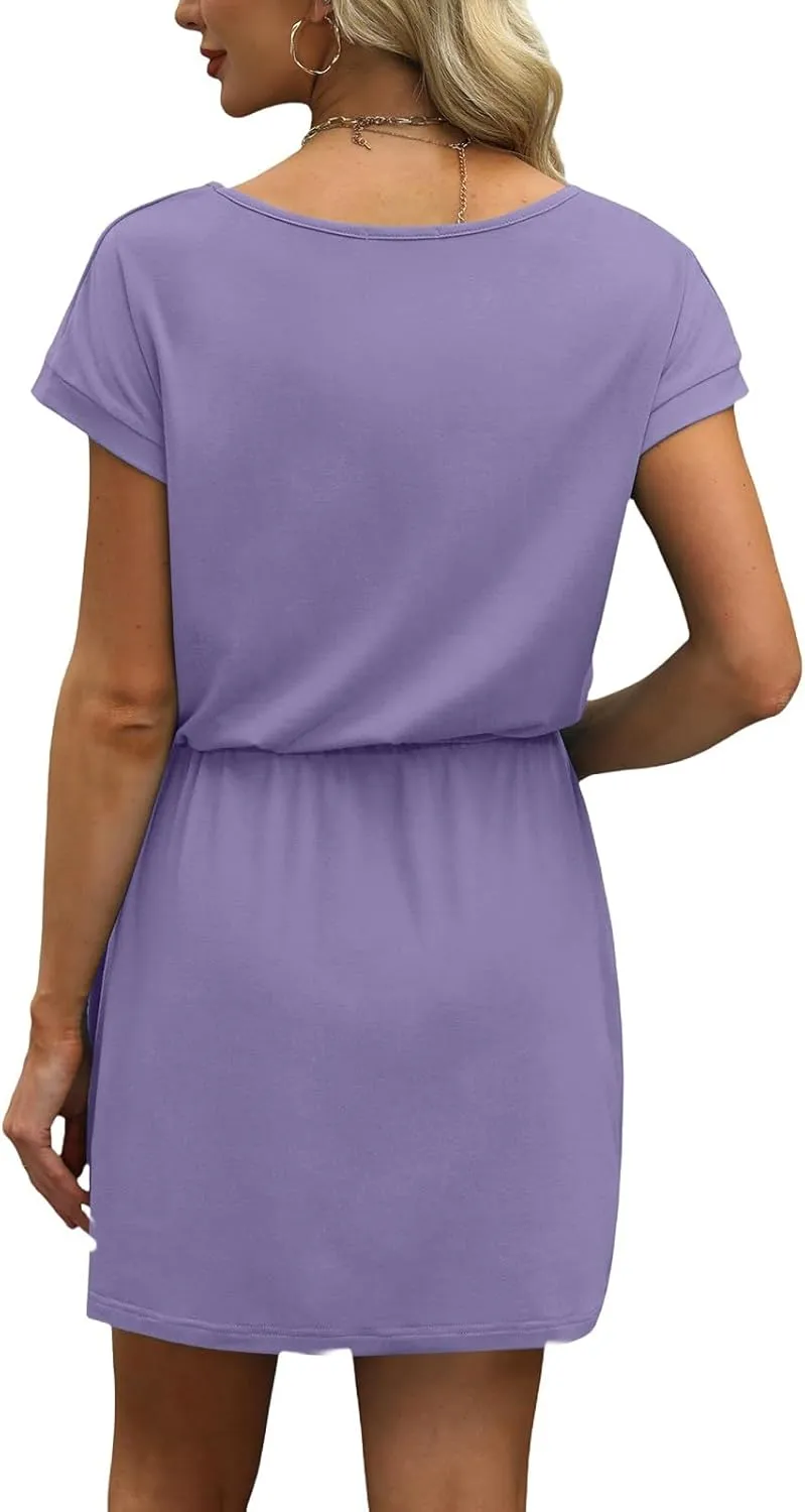 Womens Summer Dresses V Neck Short Sleeve Tshirt Dress Drawstring Cinched Waist Mini Dress A Line Casual Dresses 2025