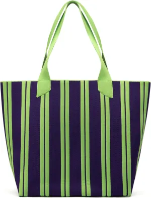 Women's Tote Bag - Striped Canvas Shoulder Bag, Reusable Multipurpose Beach Tote for Travel Grocery Shopping Work