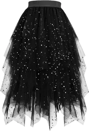 Women's Tulle Sparkly Skirts High Waisted Lightweight Quick Dry Mesh Midi Casual Smooth Aline Swing Skirt