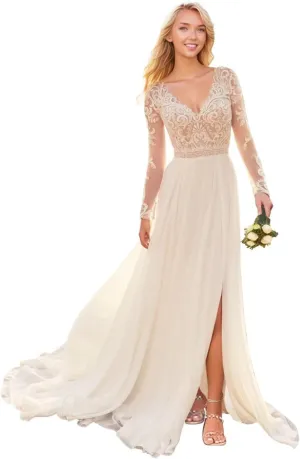 Women's V Neck Lace Wedding Dresses for Bride 2025 Lace Appliques A Line Beach Wedding Gown