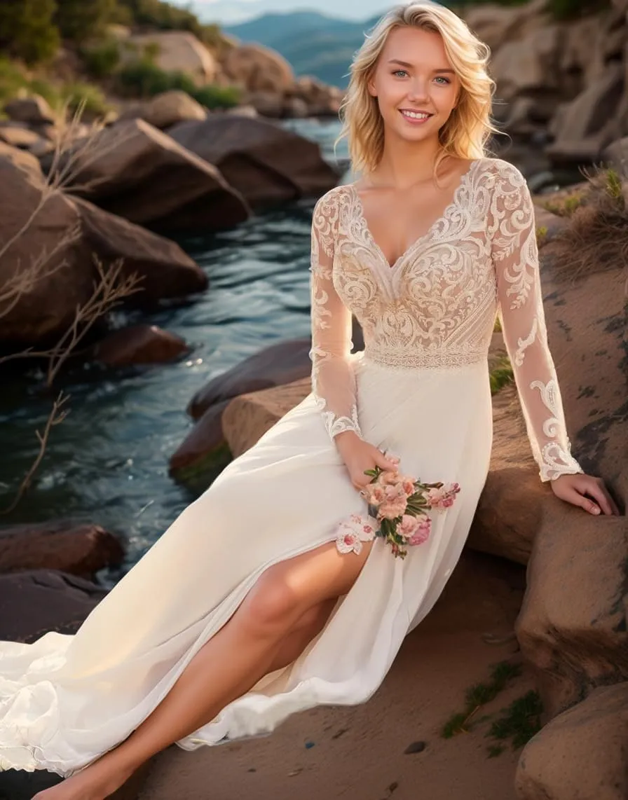 Women's V Neck Lace Wedding Dresses for Bride 2025 Lace Appliques A Line Beach Wedding Gown