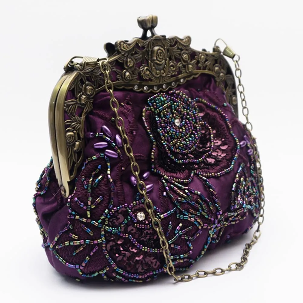 Women's Vintage Beaded Sequin Flower Evening Handbags Wedding Clutches Prom Cocktail Party Handbags