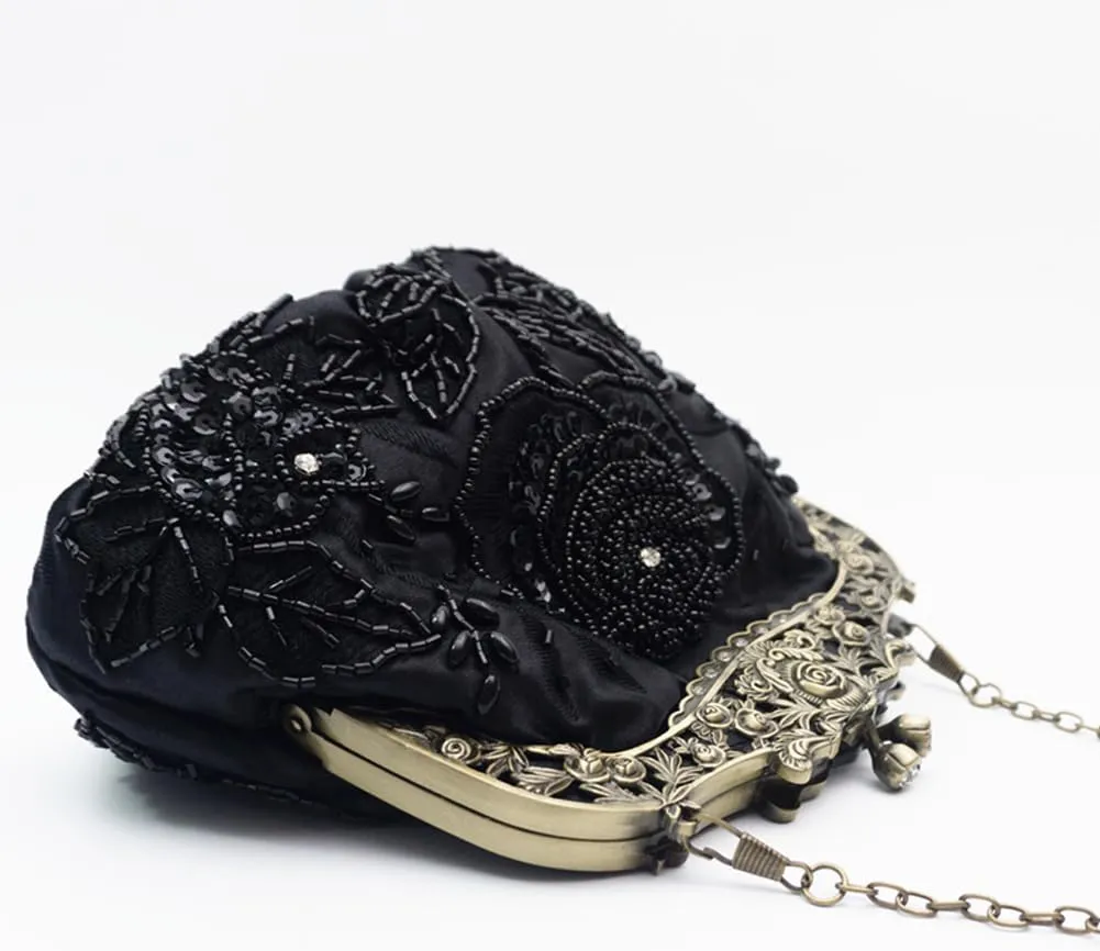 Women's Vintage Beaded Sequin Flower Evening Handbags Wedding Clutches Prom Cocktail Party Handbags
