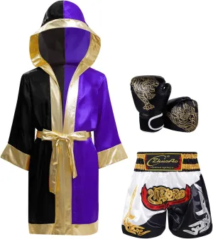 YiZYiF Kids Boys Boxing Uniforms Color Block Hooded Cloak with Muay Thai Shorts and Gloves Set Halloween Costume