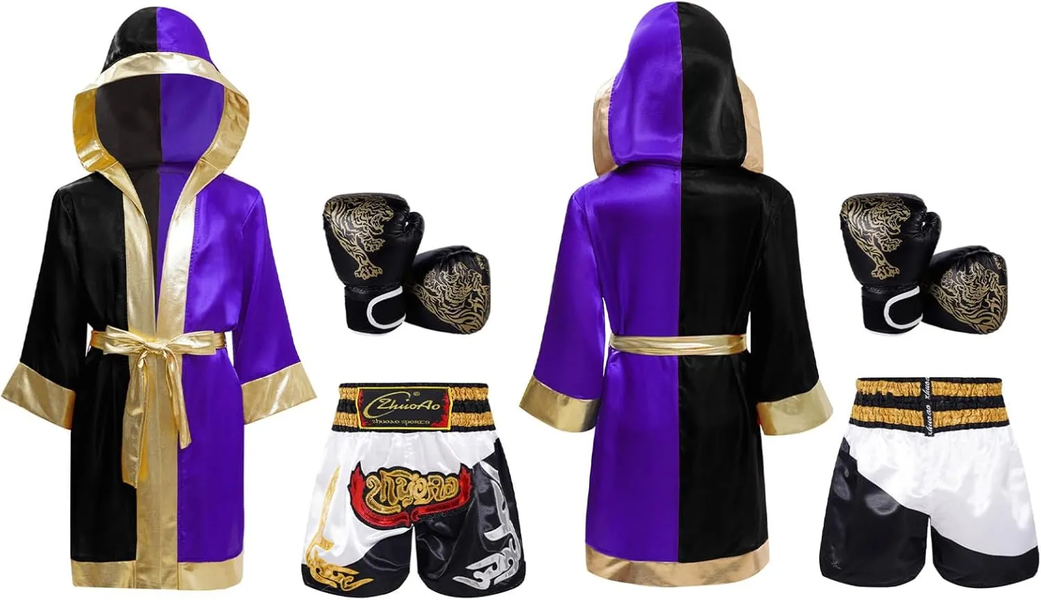 YiZYiF Kids Boys Boxing Uniforms Color Block Hooded Cloak with Muay Thai Shorts and Gloves Set Halloween Costume