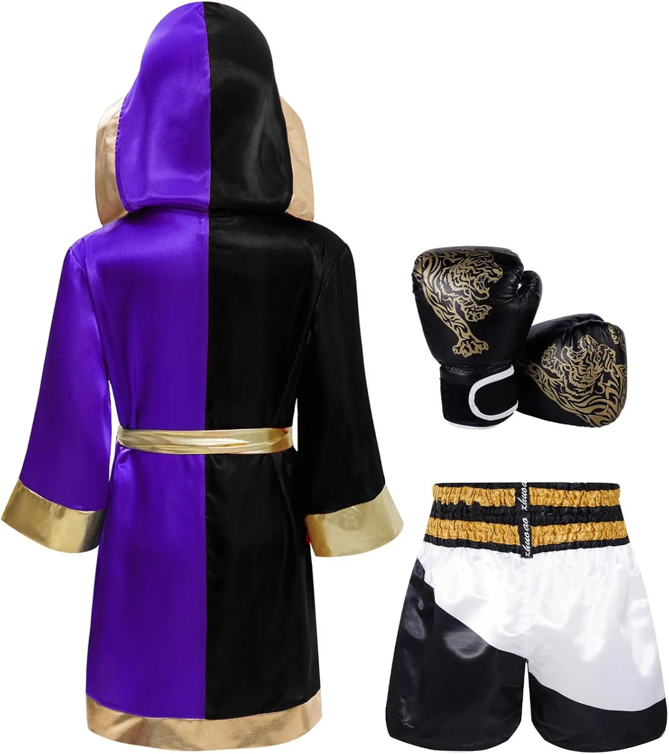 YiZYiF Kids Boys Boxing Uniforms Color Block Hooded Cloak with Muay Thai Shorts and Gloves Set Halloween Costume