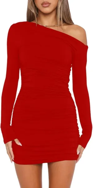 YOXUA Women's Elegant Sexy Off Shoulder Dress Long Sleeve Bodycon Ruched Formal Cocktail Party Mini Dresses