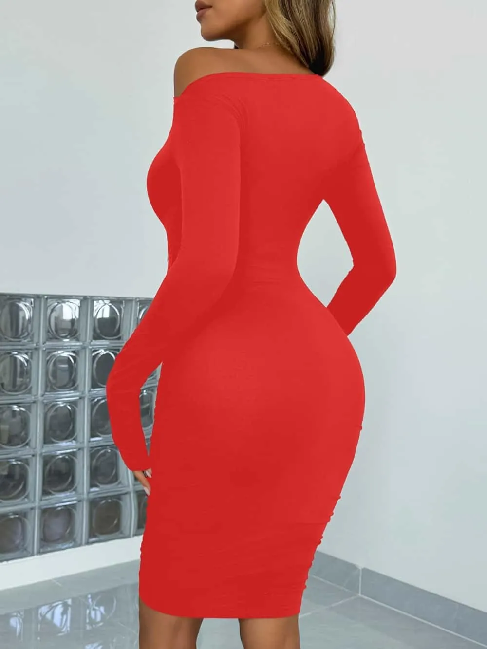YOXUA Women's Elegant Sexy Off Shoulder Dress Long Sleeve Bodycon Ruched Formal Cocktail Party Mini Dresses