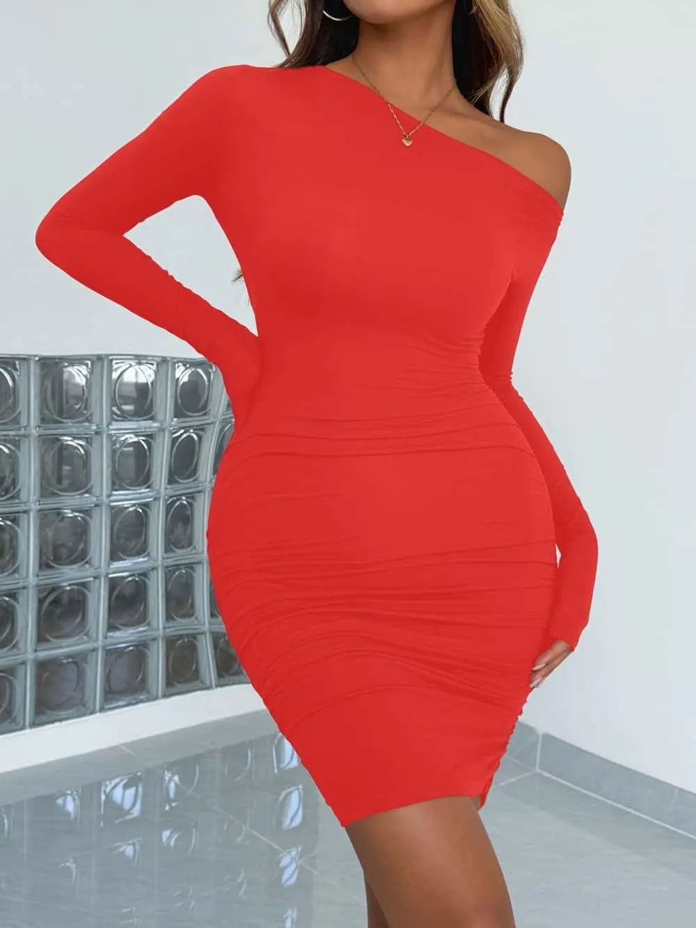 YOXUA Women's Elegant Sexy Off Shoulder Dress Long Sleeve Bodycon Ruched Formal Cocktail Party Mini Dresses