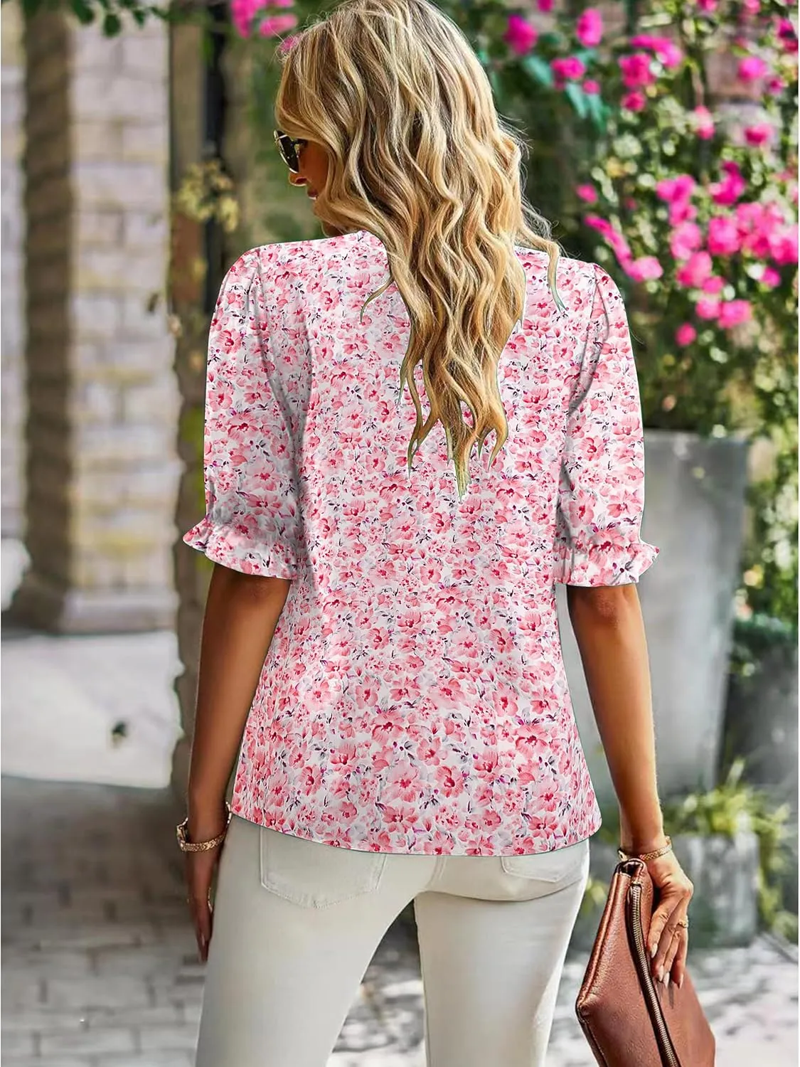 ZILIN Women's Summer Boho Floral Shirt Top Ruffle Mock Neck Puff Short Sleeve 2024 Casual Blouses