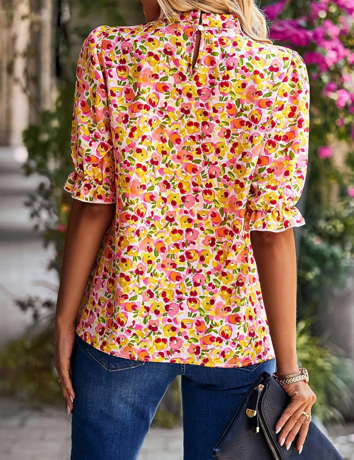 ZILIN Women's Summer Boho Floral Shirt Top Ruffle Mock Neck Puff Short Sleeve 2024 Casual Blouses