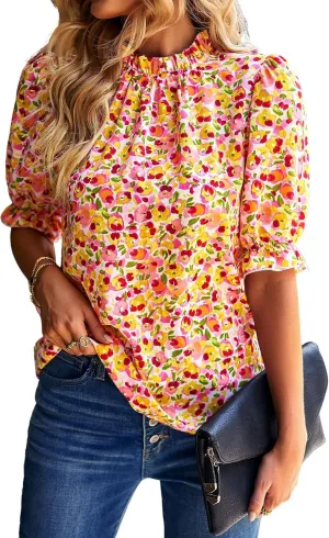 ZILIN Women's Summer Boho Floral Shirt Top Ruffle Mock Neck Puff Short Sleeve 2024 Casual Blouses