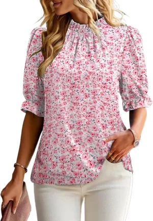 ZILIN Women's Summer Boho Floral Shirt Top Ruffle Mock Neck Puff Short Sleeve 2024 Casual Blouses