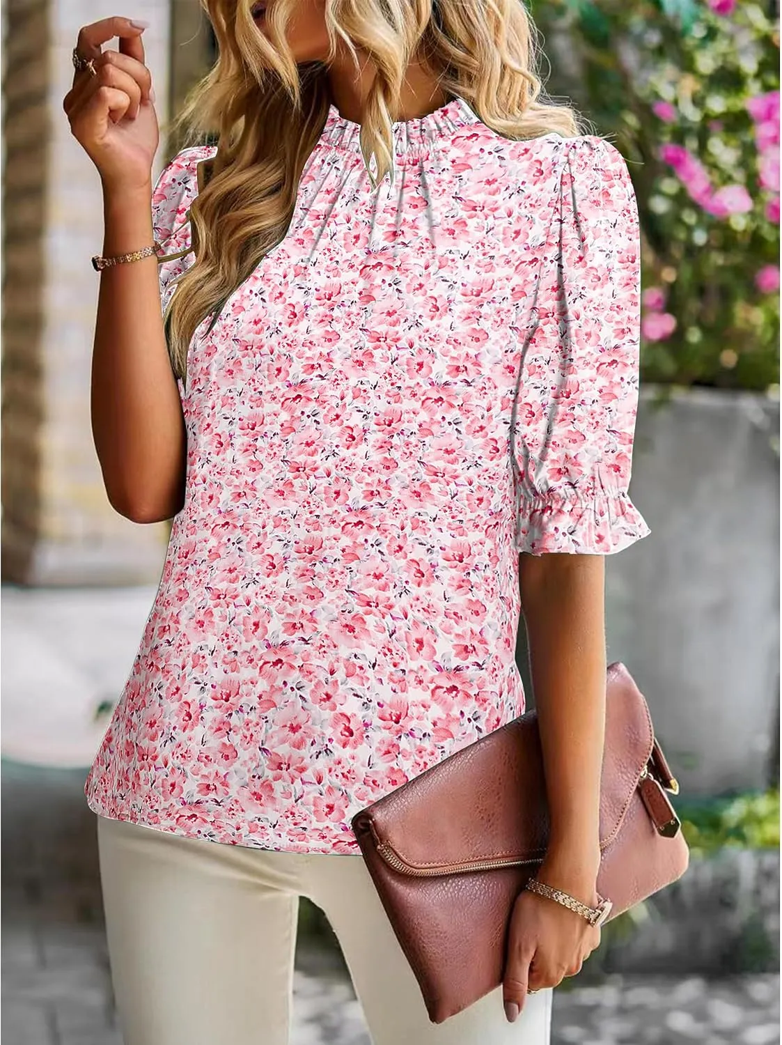 ZILIN Women's Summer Boho Floral Shirt Top Ruffle Mock Neck Puff Short Sleeve 2024 Casual Blouses