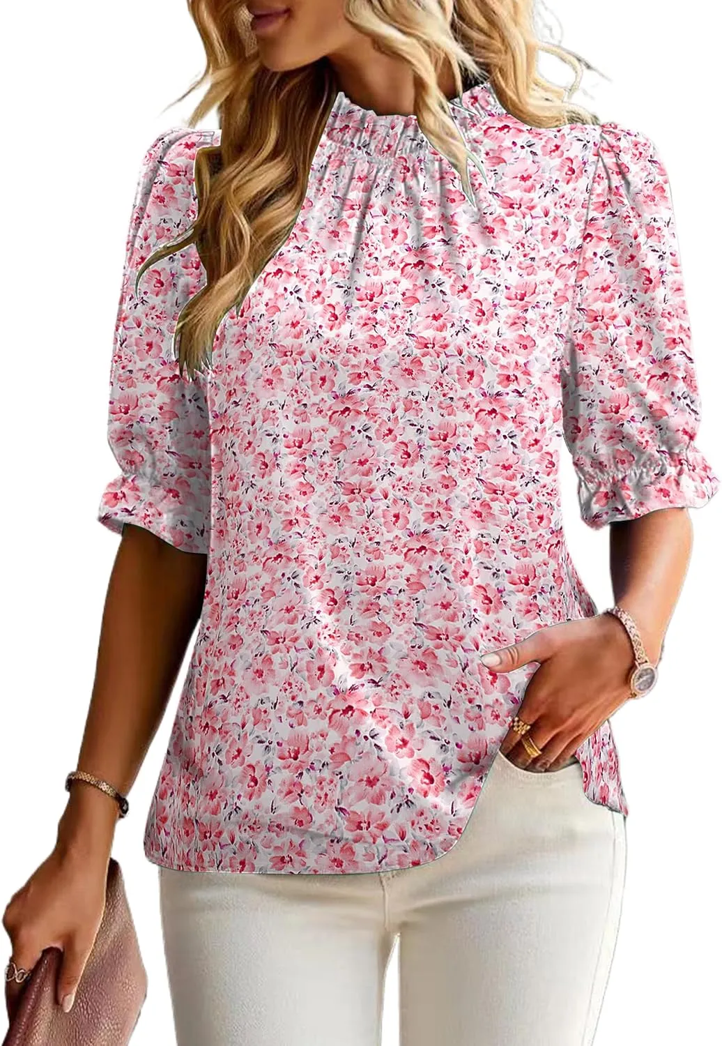 ZILIN Women's Summer Boho Floral Shirt Top Ruffle Mock Neck Puff Short Sleeve 2024 Casual Blouses