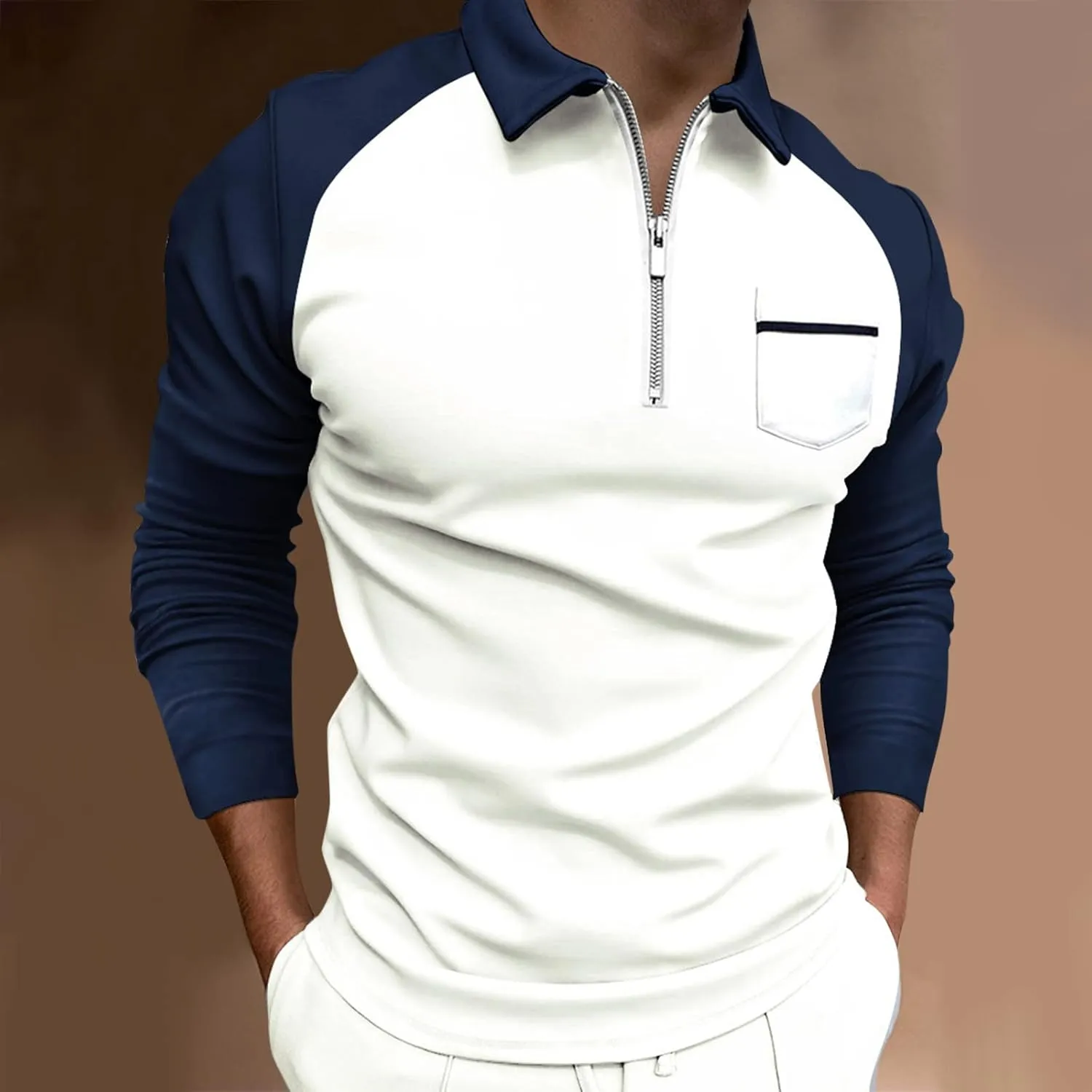 ZYXTIM Men's Long Sleeve Polo Shirts with Collar Casual Waffle Knit Zipper Up Colorblock/Stripe Lapel Sports Golf Work Tops
