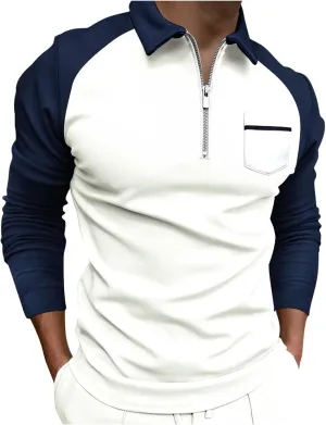 ZYXTIM Men's Long Sleeve Polo Shirts with Collar Casual Waffle Knit Zipper Up Colorblock/Stripe Lapel Sports Golf Work Tops